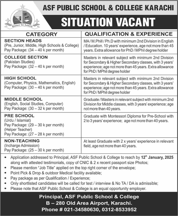 ASF Public School and College Karachi Jobs 2025